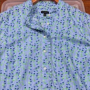 TALBOTS Womens Button Long Sleeve BLUE Green GEOMETRIC Ruffle Size M